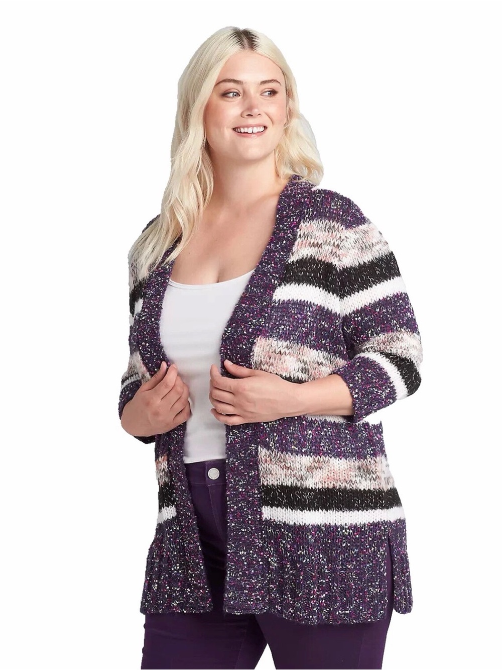 Lane Bryant Purple, Black, White Striped Open-Front Cardigan Sz 10/12